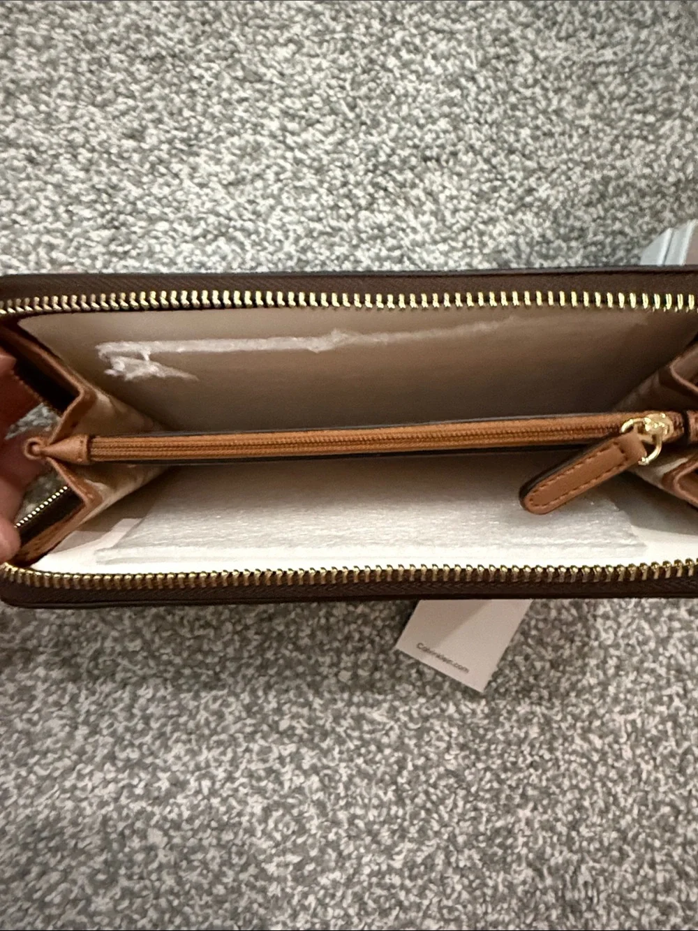 Calvin Klein Brown and Black Monogram Zip Wallet with Gold Logo